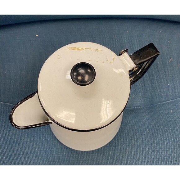 Vintage White Enamelware w/ Black Trim Cowboy Camping Coffee Pot Farmhouse Decor - Picture 3 of 4